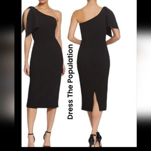 Dress The Population Women's Tiffany Black One Shoulder Midi Dress Sz M Cocktail